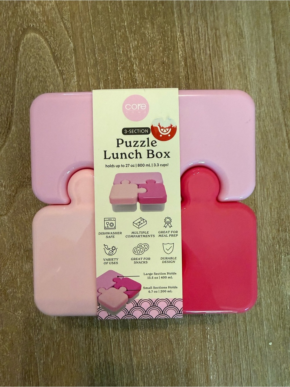 Core Home 3 Section puzzle lunch box dishwasher safe Durable kids pink NEW!